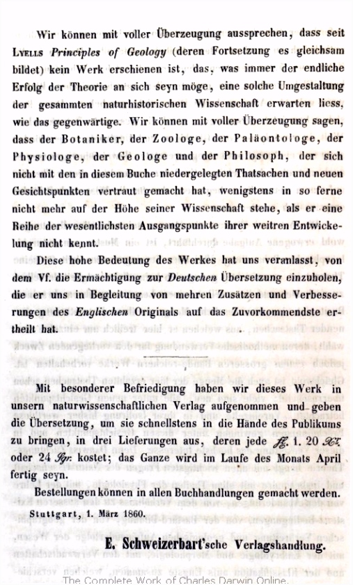 Darwin C R 1860 über Entstehung der Arten im Thier und