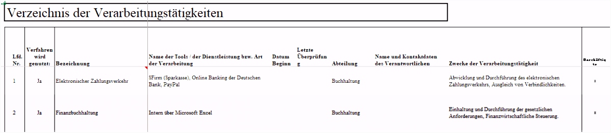 Das Excel Tool für das Verzeichnis von Verarbeitungstätigkeiten