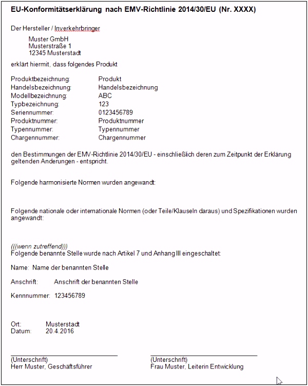 Muster einer EU Konformitätserklärung nach EMV Richtlinie 2014 30 EU