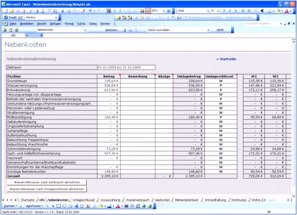 Nebenkostenabrechnung Muster Kostenlos Excel