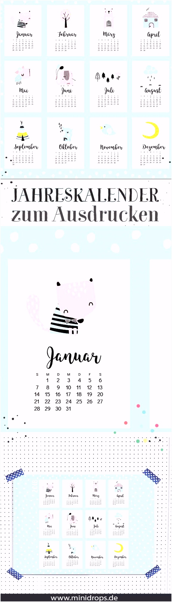 Jahres Kalender zum Ausdrucken mit niedlichen Motiven