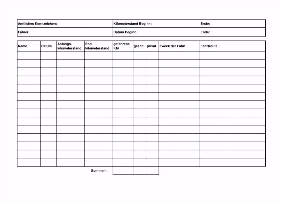 Fahrtenbuch Muster Excel