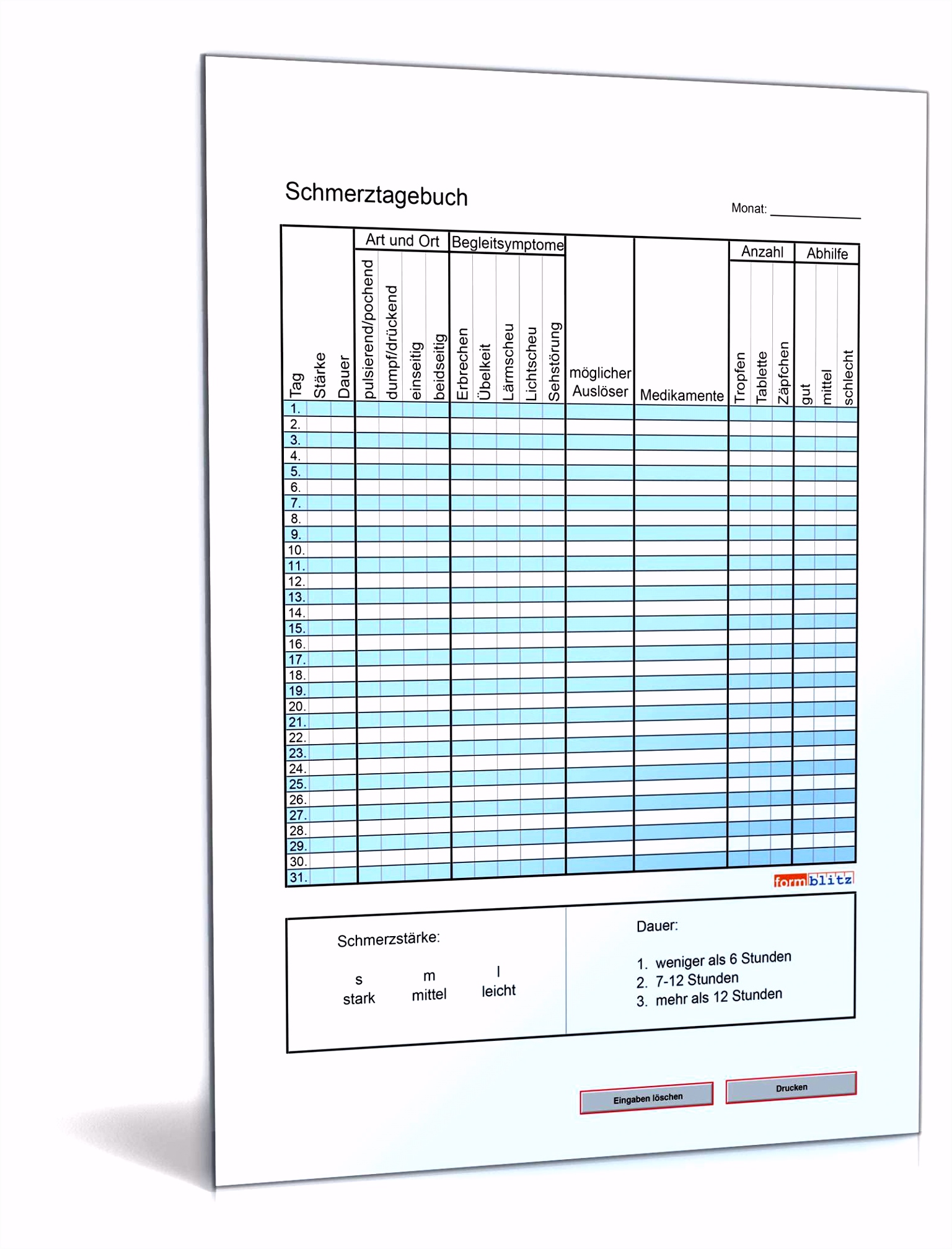 Schmerztagebuch Monat Tabelle zum kostenlosen Download