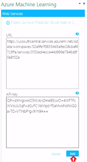 Excel add in for web services Azure Machine Learning Studio