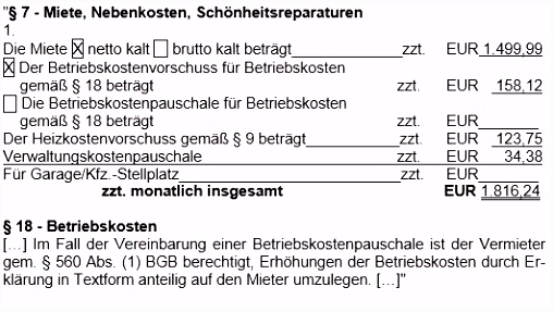 Darstellen einer in einem formularmäßigen Wohnraummietvertrag