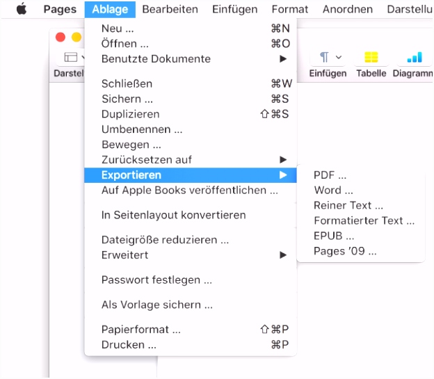 Pages für Mac Exportieren eines Pages Dokuments als PDF Datei oder