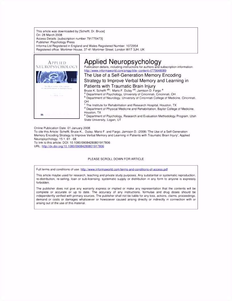 PDF The Use of a Self Generation Memory Encoding Strategy to